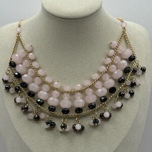 Vintage Gold Tone Light Pink Color Drop Cluster Bib Necklace